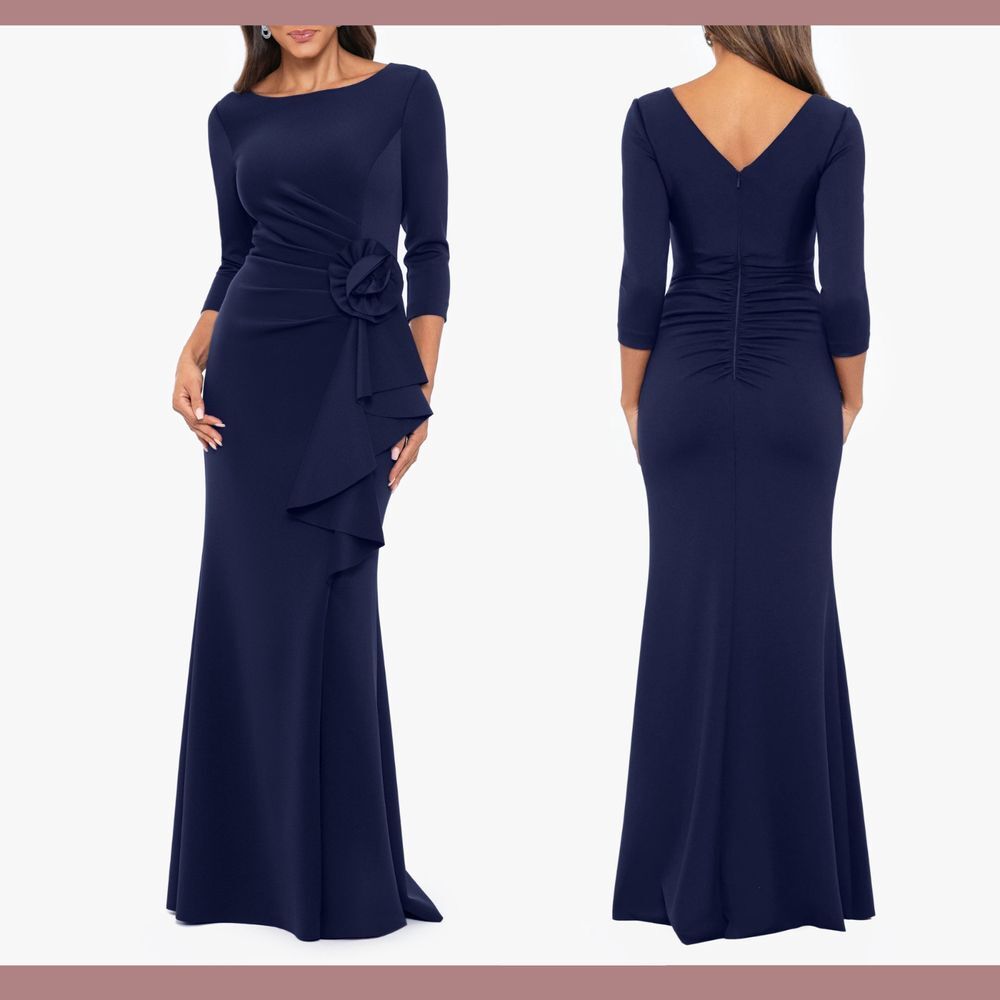 NWT $268 XSCAPE [ 6 ] Cynthia Scuba Crepe Rosette Detail Sheath‎ Gown Blue